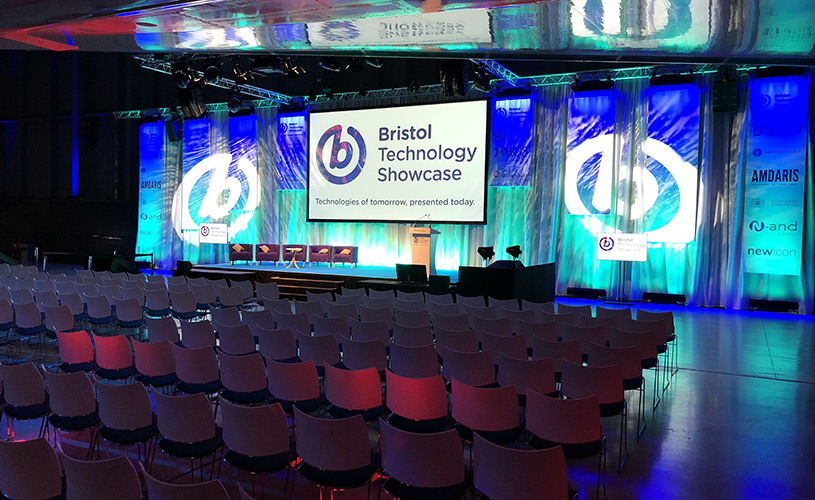Bristol Technology Showcase stage and seating at Aerospace Bristol
